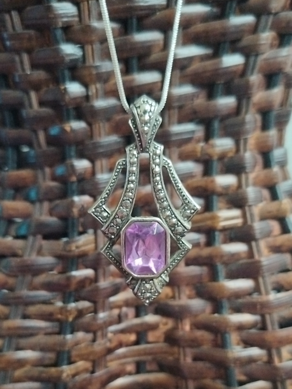 Silver-Tone Pendant Necklace with Purple Gemstone